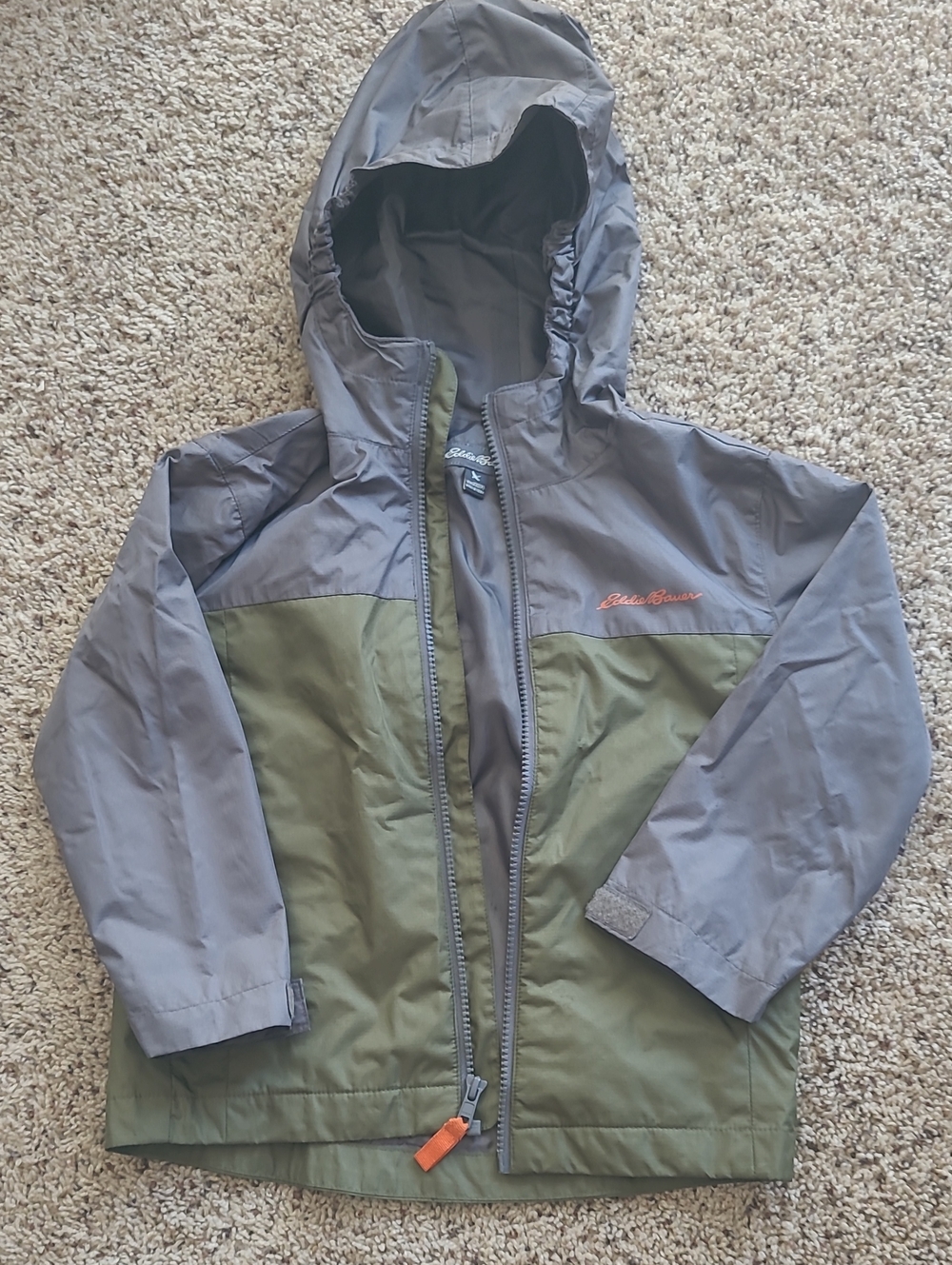 Eddie Bauer Two-Tone Olive Green and Gray Hooded Rain Jacket